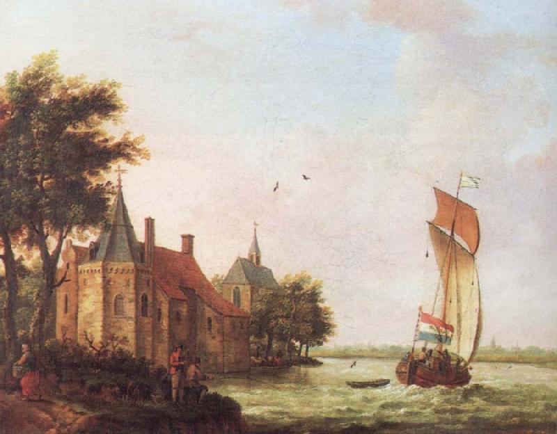 Francis Swaine A wooded river landscape in Hoolland with a Dutch hooder under sail in a brisk wind oil painting image